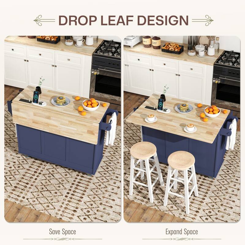 Kitchen Island Cart with Drop Leaf and Built-In Power Outlets Storage Drawers and Rolling Wheels - 53.1" W x 29.5" D x 37.2" H