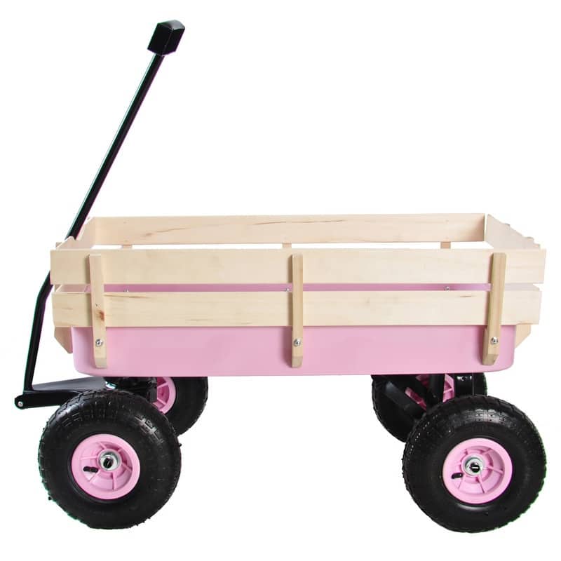 Outdoor Wagon All Terrain Pulling w/Wood Railing Air Tires Children Kid Garden - Pink