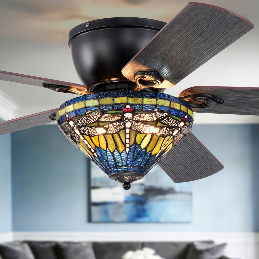 Penana 52-Inch Flushmount Lighted Ceiling Fan Green Blue Dragonfly Tiffany Glass Lamp Black Finish