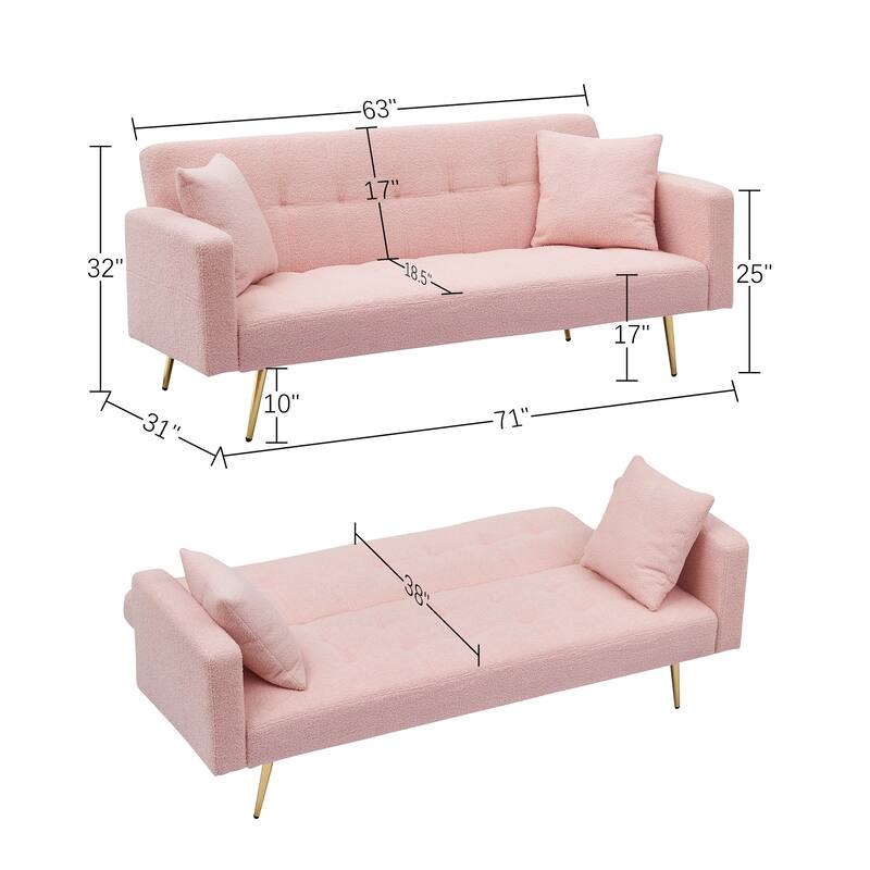 71" Modern Teddy Velvet Sofa Bed Folding Couch with Two Throw Pillows for Living Room