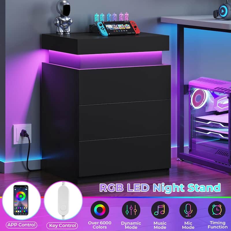 Bedroom Nightstand Charging Station LED Lights Sliding Top 3 Drawers