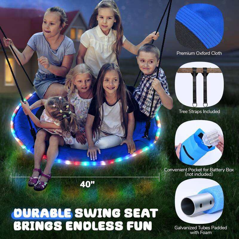 Trekassy 700lbs 40'' Saucer Tree Swing with LED Lights for Kids Adults Outdoor 2 Tree Hanging Straps(Blue)