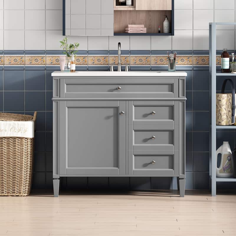 Modern Storage Cabinet Bathroom Vanity with Resin Sink, Tip-out Drawer, 2 Drawers, Side Door Organizer and Adjustable Shelf
