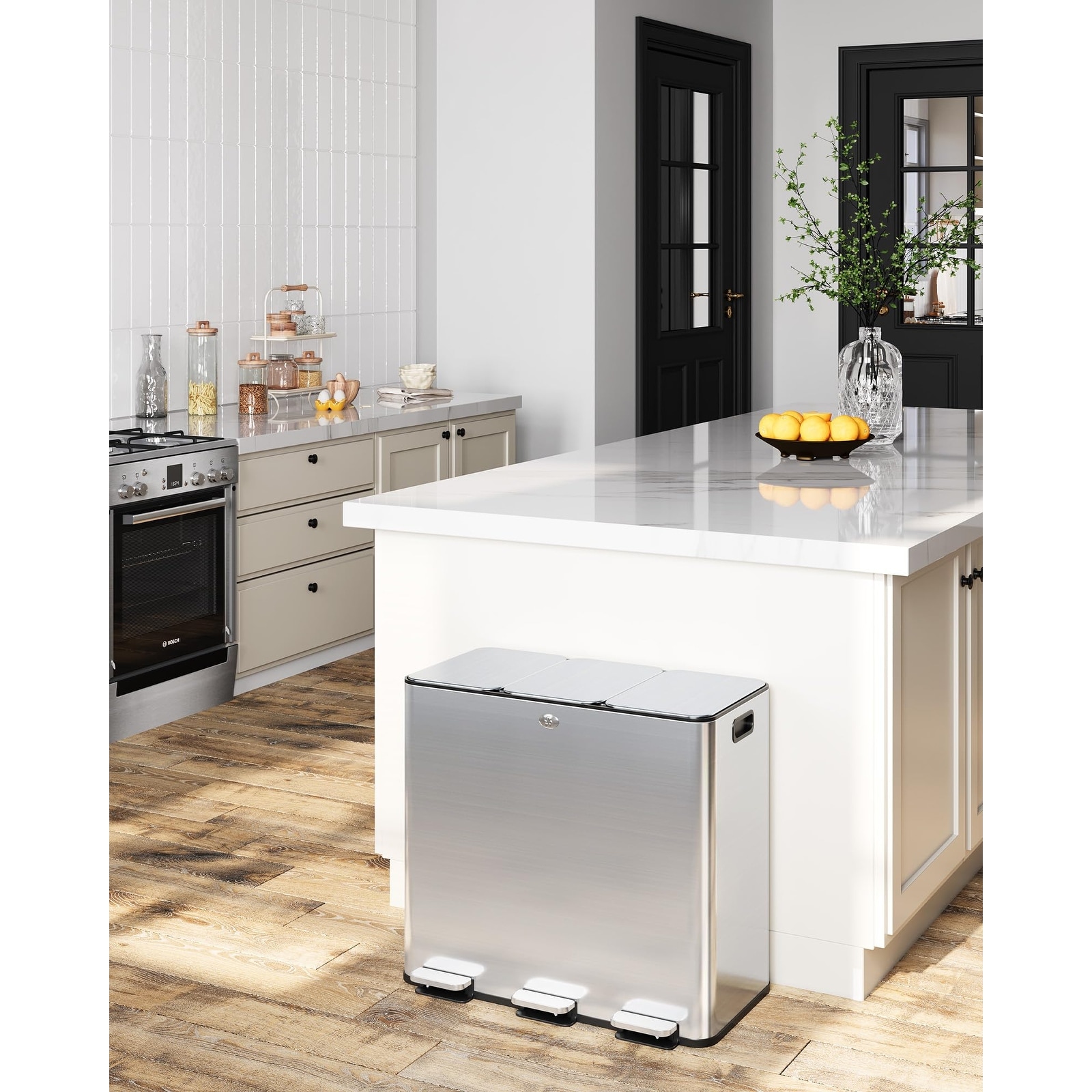 Triple Compartment Stainless Steel Kitchen Trash Can - Soft-Close Lid -Fingerprint Resistant-Removable Buckets for Waste