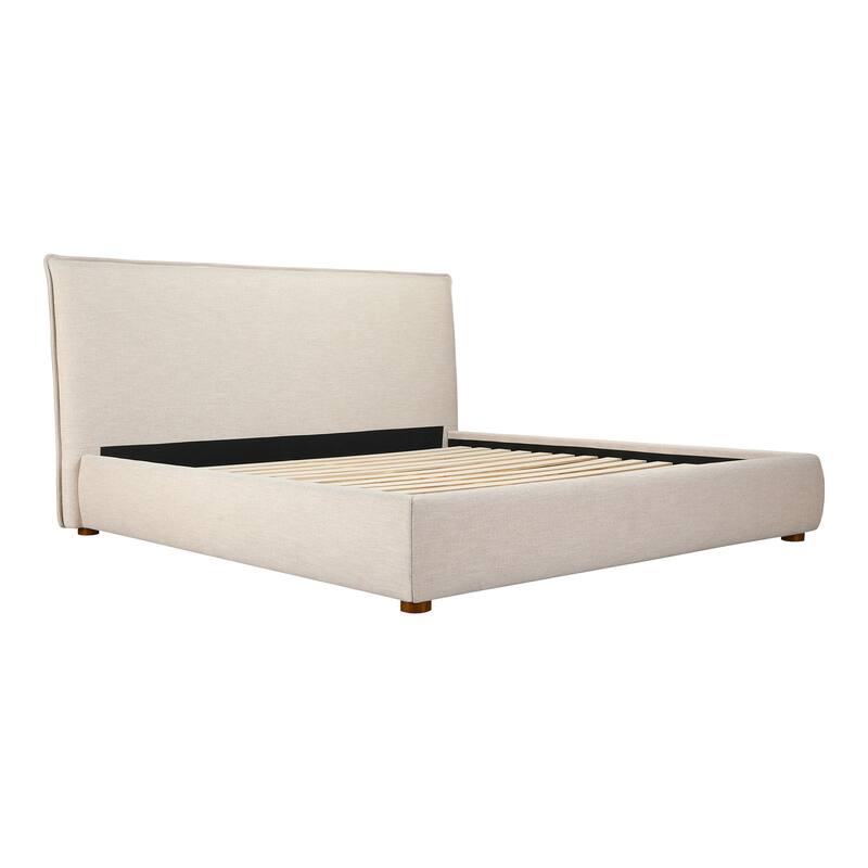 King Bed Frame - Upholstered Linen Blend Headboard - Solid Wood Bed - Modern Bedroom Furniture