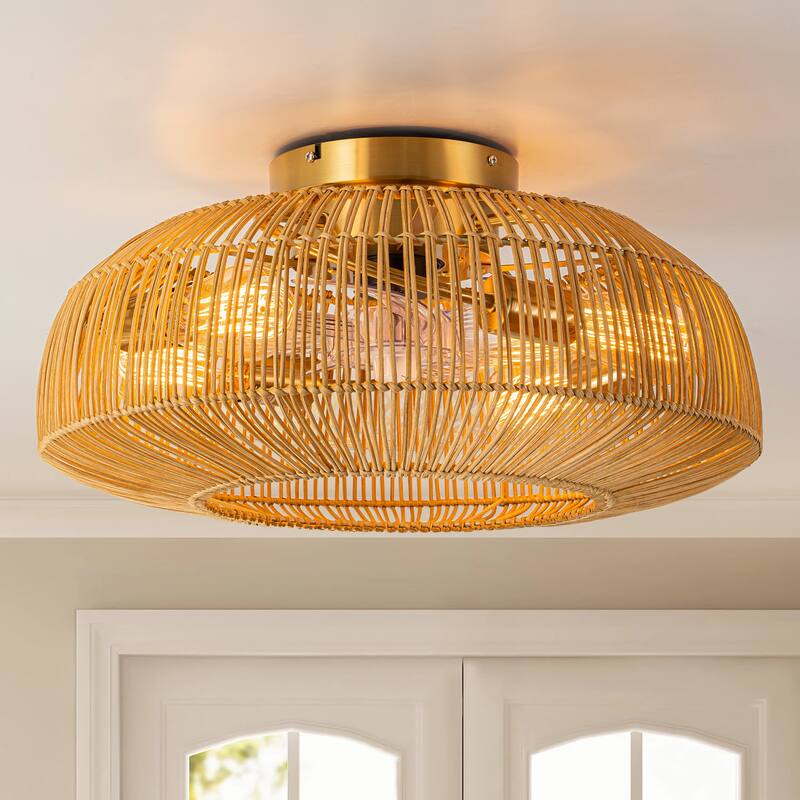 20 in. 4-Light Farmhouse Rustic Handwoven 7-Blade Rattan Cage Semi-Flush Mount Ceiling Fan with Remote - 19.6 in. W x 9.8 in. H - 19.6 in. W x 9.8 in. H - Brushed Brass