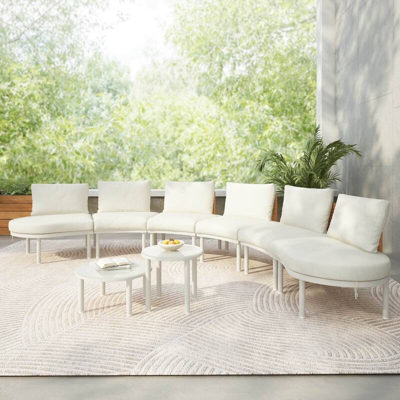 6/8-Piece Half Moon PE Wicker Patio Sectional Set with Dual Coffee Tables - Beige - 8 PCS