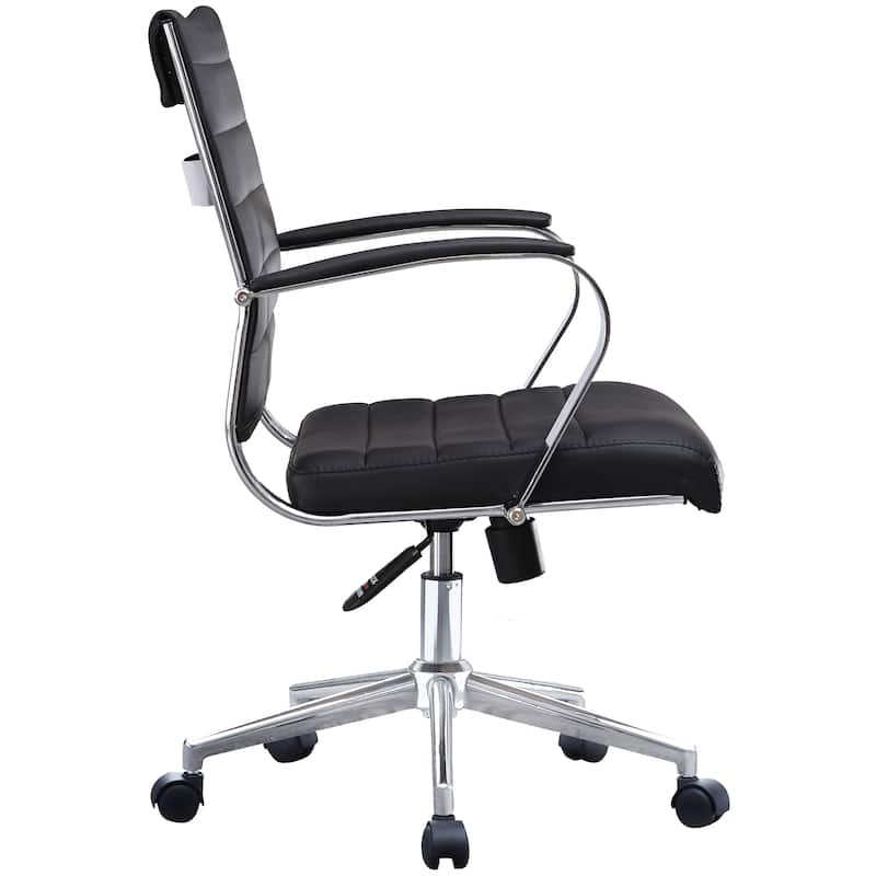 Black Office Chairs Mid Back Ribbed PU Leather Executive Task Work Conference With Arms Wheels Tilt Swivel Rolling
