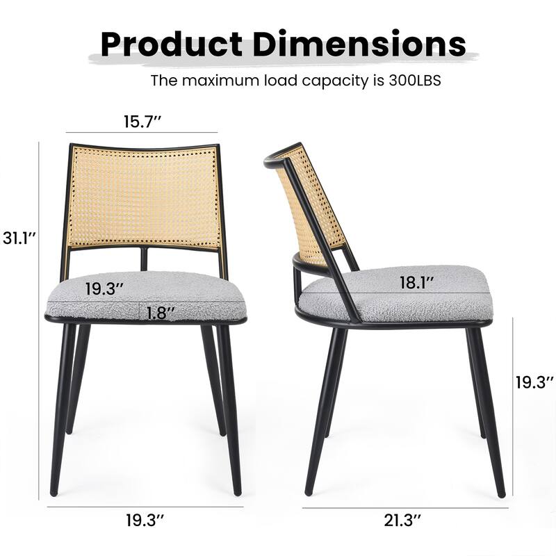 Dining Chairs Set of 2, Mid-Century Modern Kitchen Chairs with Rattan Backrest & Metal Frame, Boucle Upholstered Accent Chairs