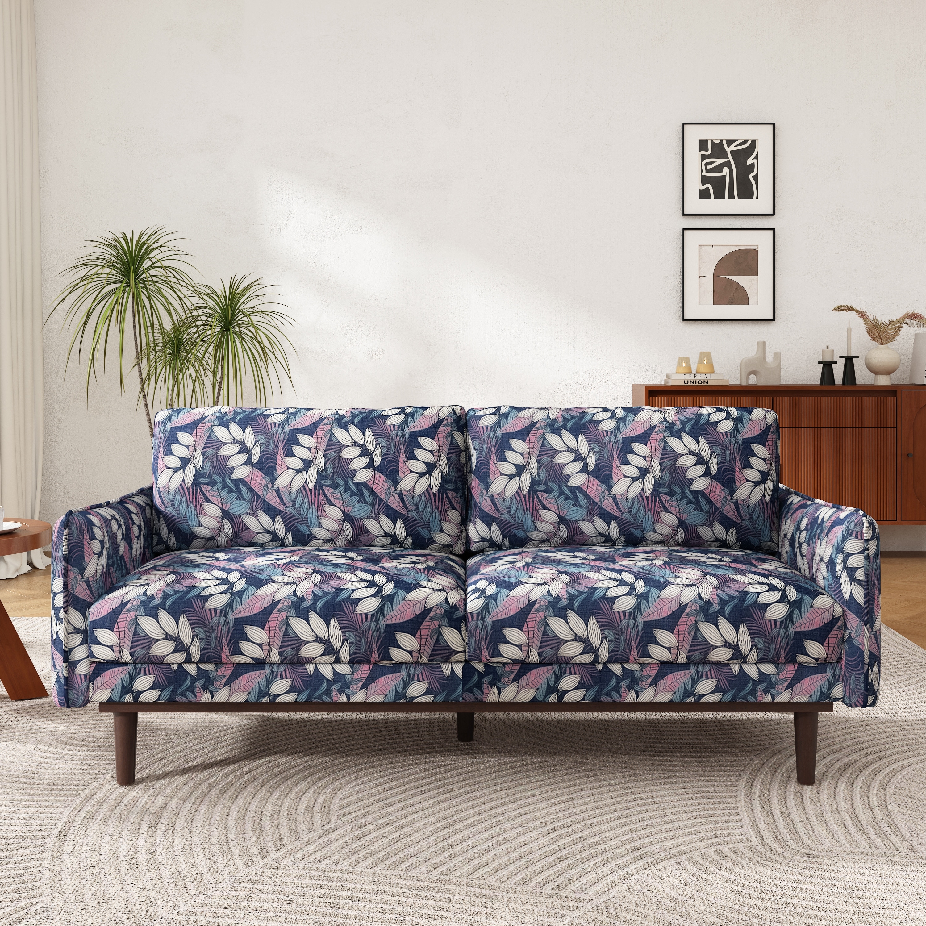 Elegant Loveseat Blue Sofa Couch with Wood Legs, 2-Seater Sofa Couch Settee Couch with Square Armrests
