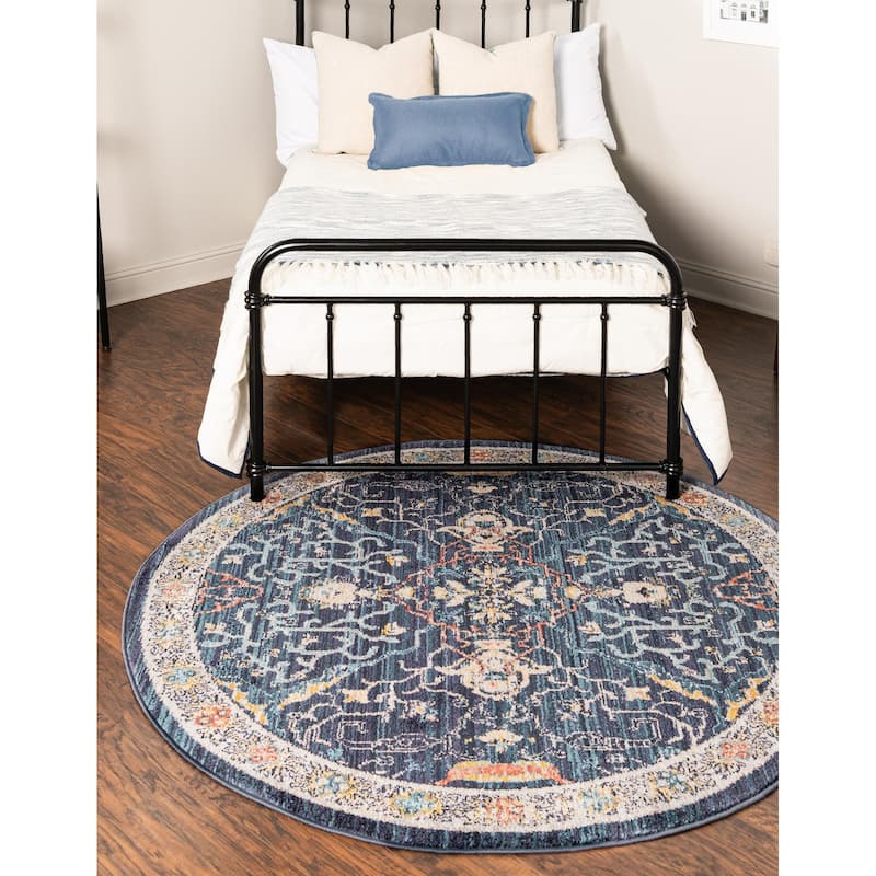 Traditional Nixa Collection Area Rug - 5'2" Round - Navy Blue