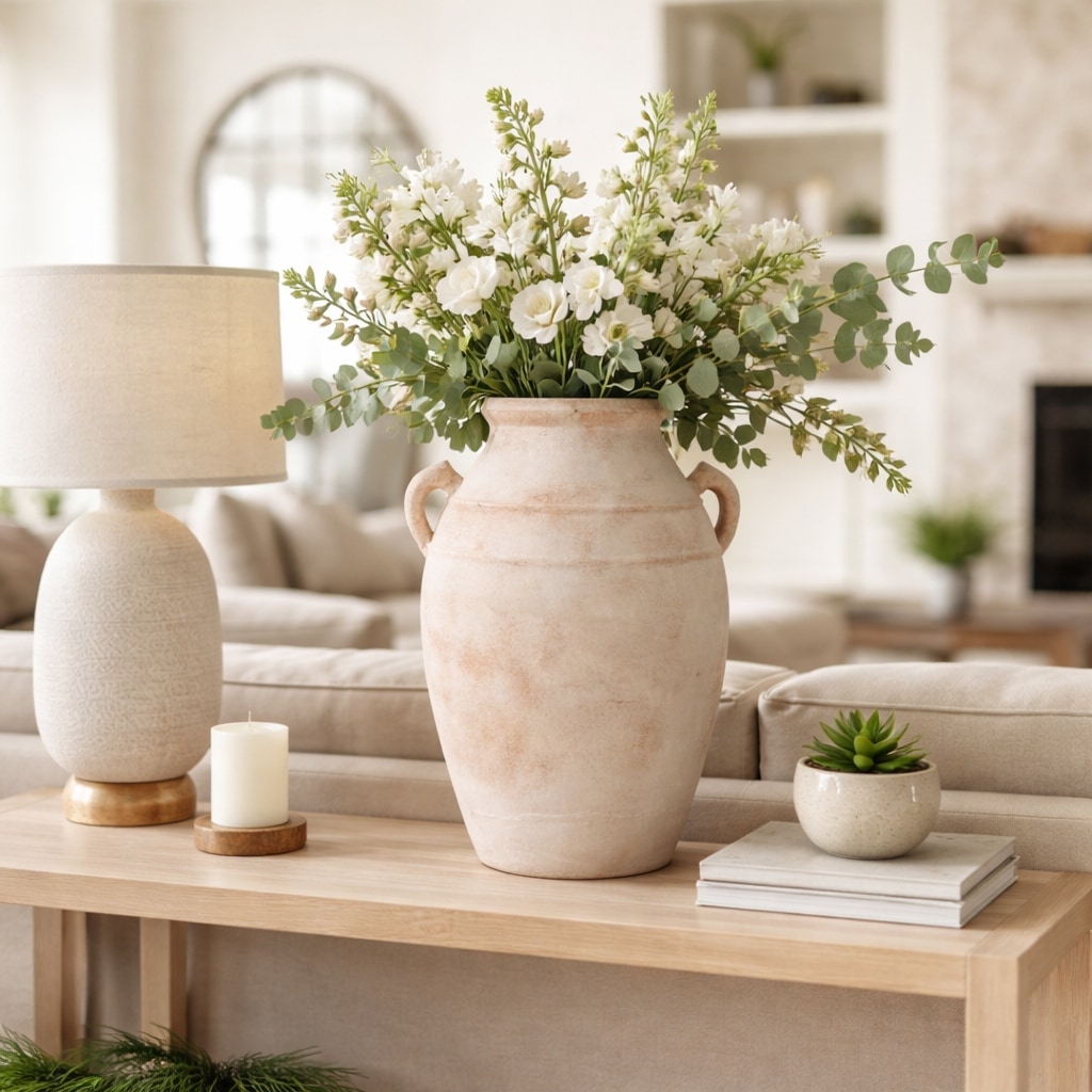 Decorative Vase - White Ceramic Amphora Weathered Handled,19