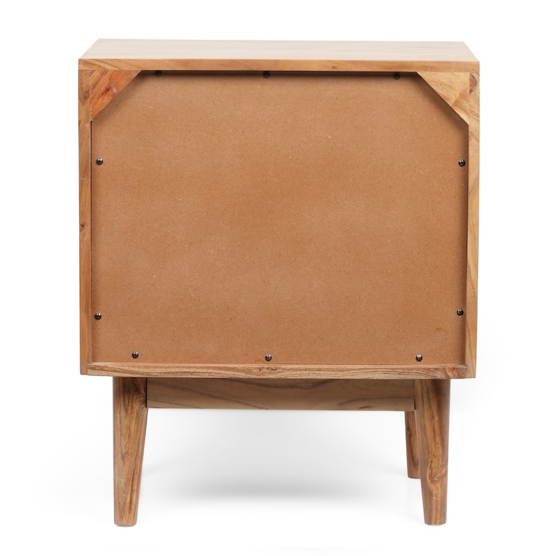 Roomfitters Mid Century Modern Bedside Table, Solid Wood Nightstand with Textured Door and Tapered Legs, Natural