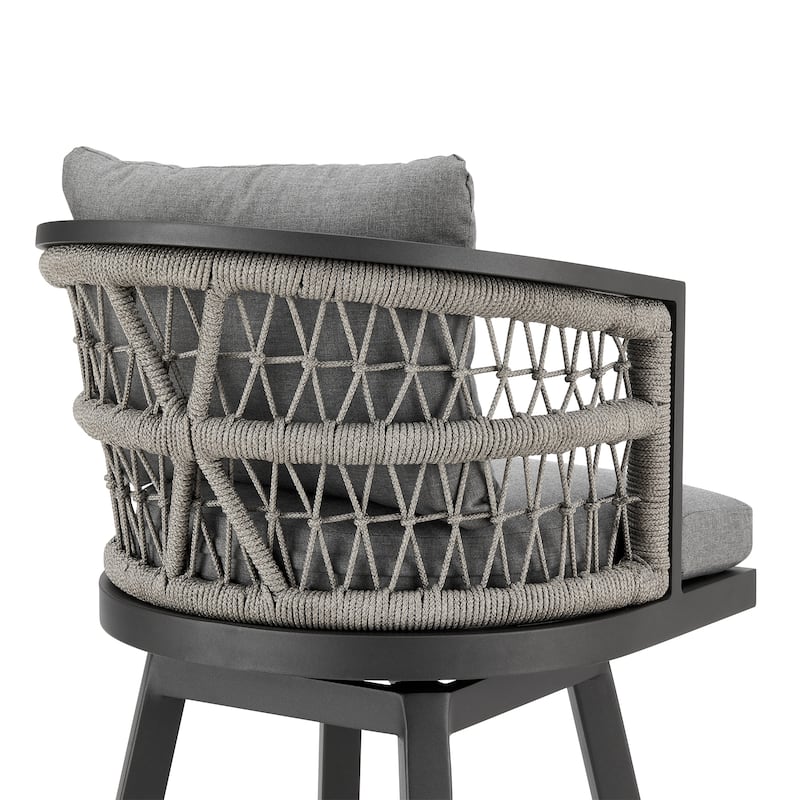 Zella Outdoor Patio Swivel Counter Stool in Aluminum with Rope and Cushions