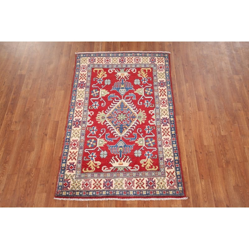 Red Geometric Kazak Oriental Foyer Rug Handmade Wool Carpet - 3'3" x 5'1"