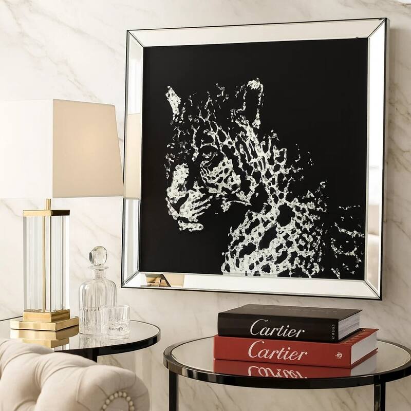 Square Shape Mirror framed Leopard Wall Dï¿½cor With Crystal Inlays, Black & Silver