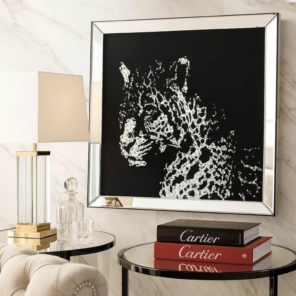 Square Shape Mirror framed Leopard Wall Dï¿½cor With Crystal Inlays, Black & Silver