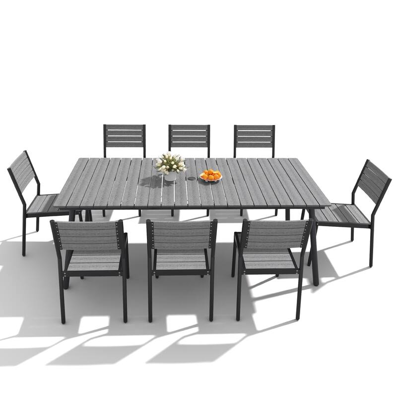 Outdoor Aluminum 9-piece Patio Dining Set Dining Table with Umbrella Hole and Chairs