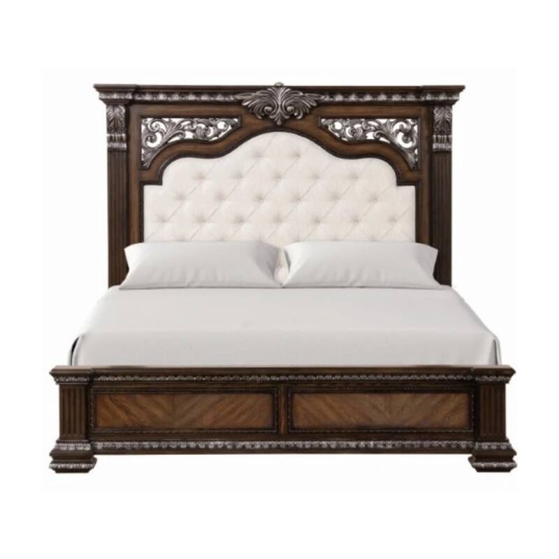 Naddy King Bed, White Fabric Pleated Upholstery, Espresso Brown Wood