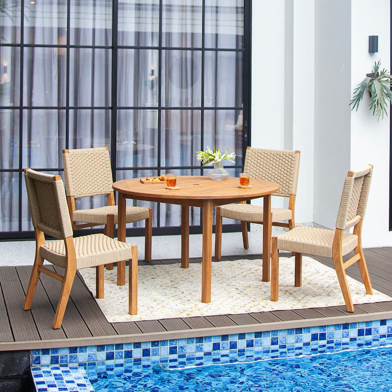 Cambridge Casual Zephyr 5-piece Teak Patio Dining Set with Round Dining Table - Natural Teak/Tan Woven Polyrope