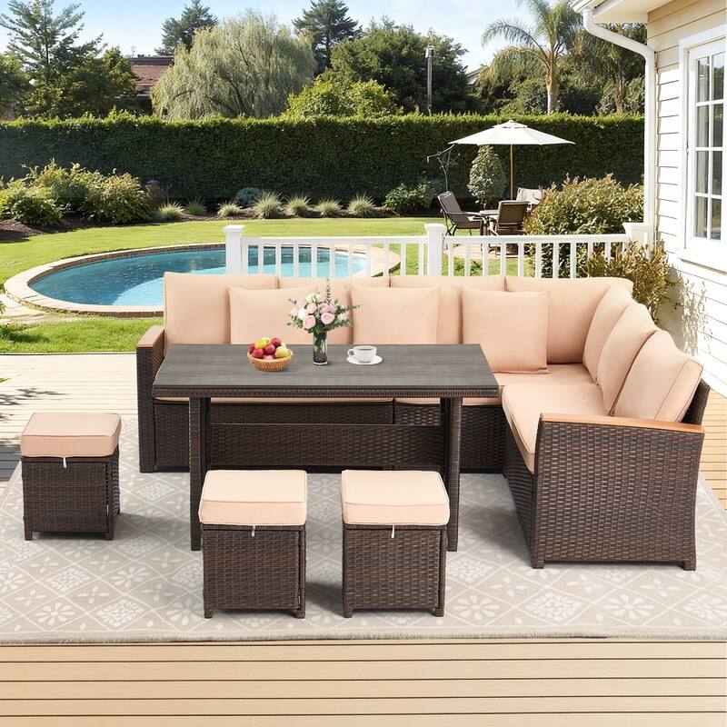 7-Piece Outdoor Sectional Set w/ Dining Table – All-Weather PE Rattan Patio Furniture for Garden, Poolside & Backyard