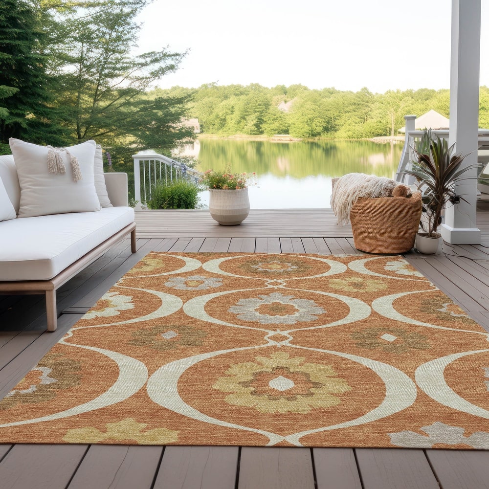 Machine Washable Indoor/ Outdoor Chantille Floral Geo Rug