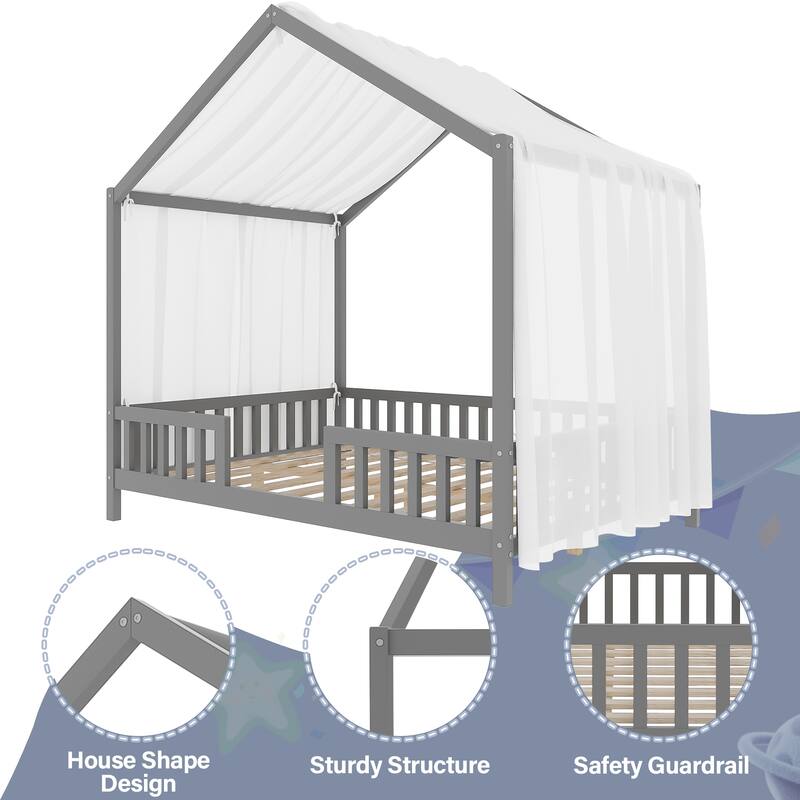 Whimsical Montessori-Inspired Floor Bed with Canopy & Full Safety Rails by Harper&Bright Designs