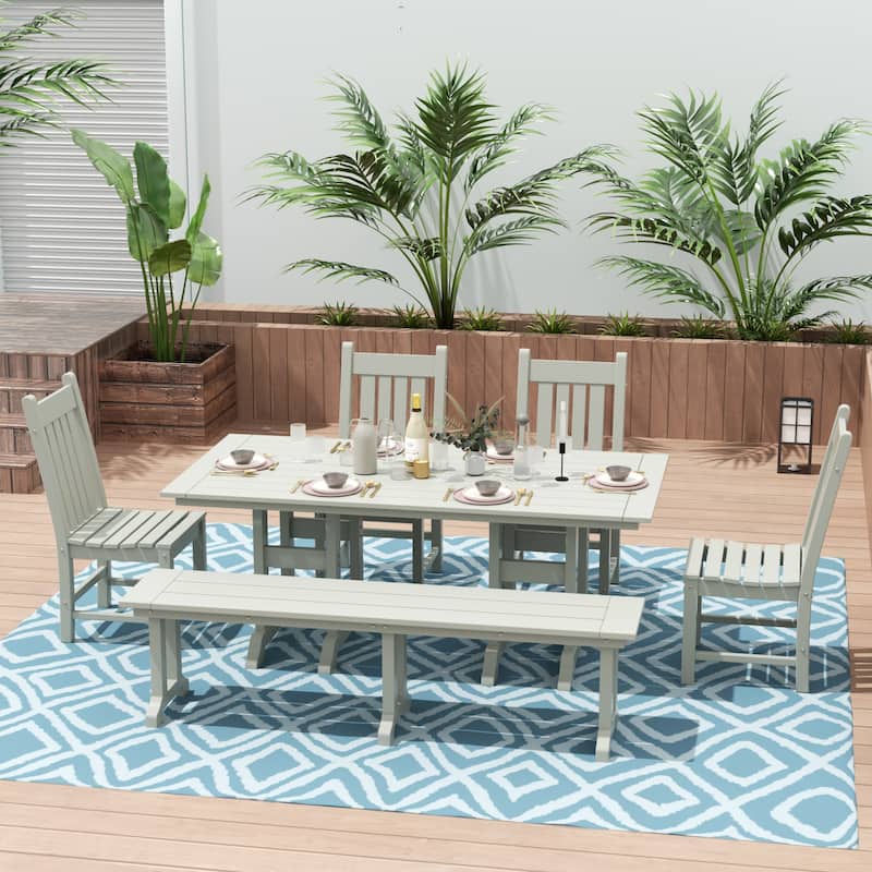 Laguna Hdpe All Weather Outdoor Patio Dining Set with Rectangle Table, Side Chairs, and Bench (6-Piece Set) - Sand