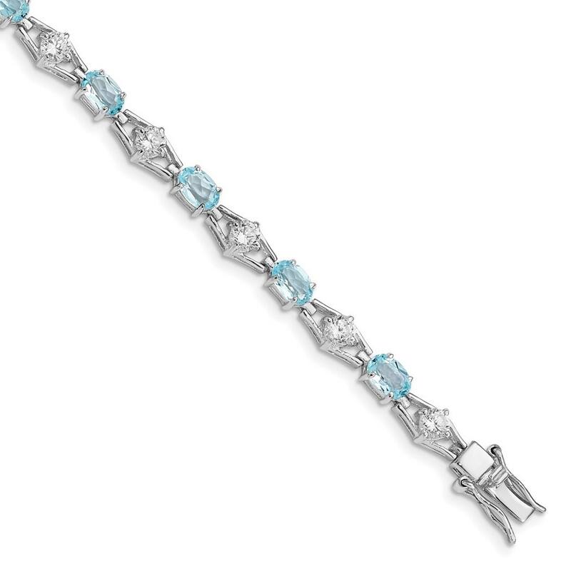 Curata 925 Sterling Silver Polished Box Catch Closure Blue Topaz and CZ Cubic Zirconia Simulated Diamond Bracelet 7 Inch Box