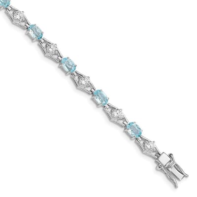Curata 925 Sterling Silver Polished Box Catch Closure Blue Topaz and CZ Cubic Zirconia Simulated Diamond Bracelet 7 Inch Box
