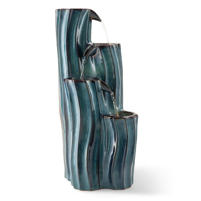 Glitzhome 29.5"H 4-Tiered Wavy Textured Outdoor Ceramic Floor Fountain with LED Light