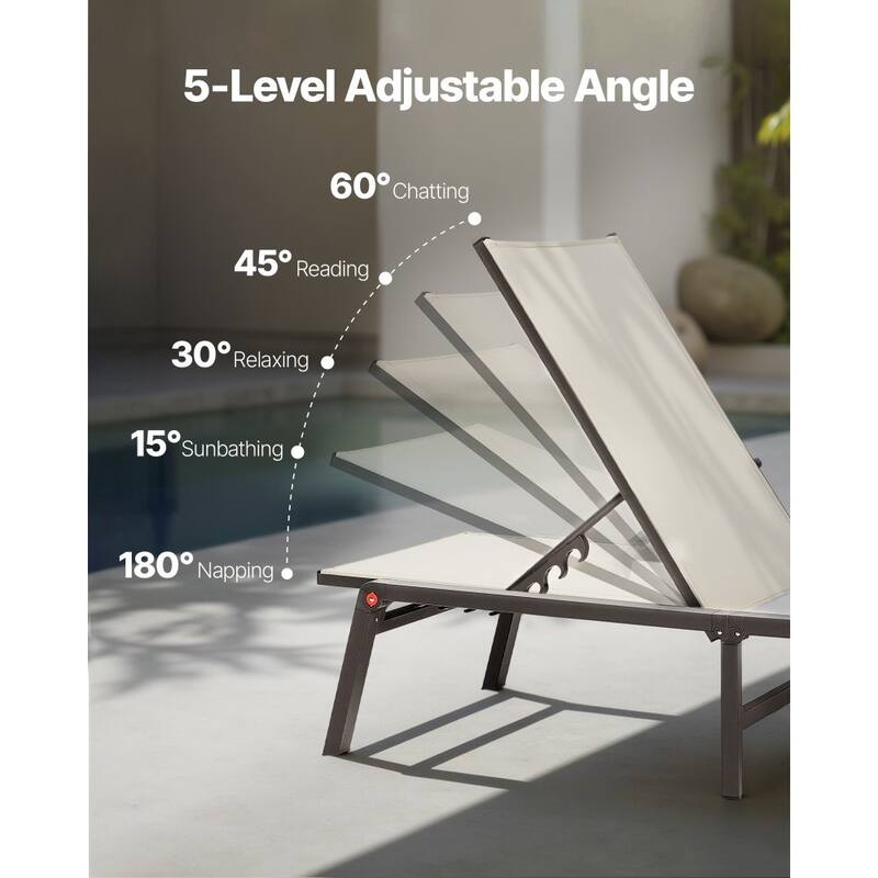 Grey and Black Outdoor Folding Chaise Lounge Chair with Adjustable Backrest and Aluminum Frame - 43.7” x 23.43” x 4.13”