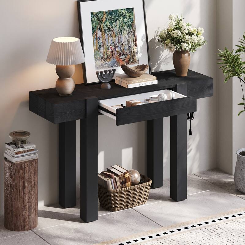 Rustic Minimalist Console Table with Hidden Drawer, Side Power Outlet,Wood Entryway Table for Entryways, Living Rooms