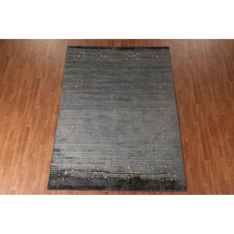 Grey Tribal Gabbeh Oriental Area Rug Handmade Silk Carpet - 6'8" x 9'2"