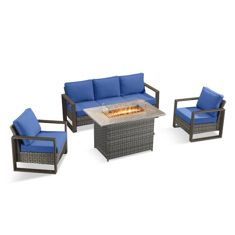 Pocassy 4 Pieces Outdoor Sofa Patio Chair with Fire Pit Table Set