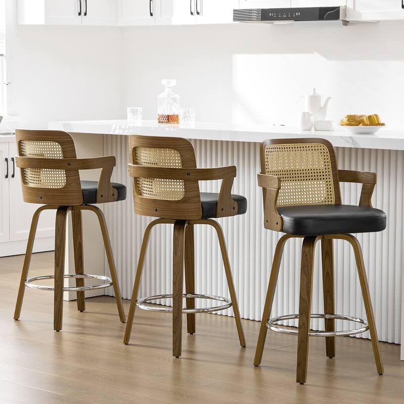 Upholstered Swivel Barstool with Arms and Bentwood Legs - 40.8"H x 18.9"W x 19.5"D/19.3"D