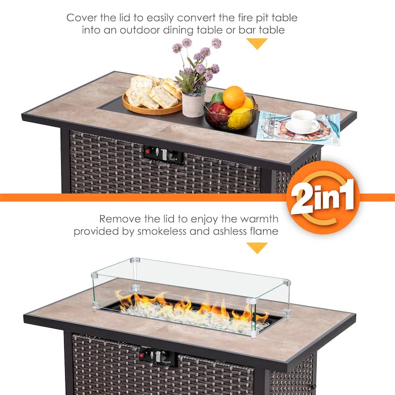 Outdoor 43-inch 50,000 BTU Propane Gas Fire Pit Table, Ceramic Tabletop and PE Rattan Weaved Iron Frame