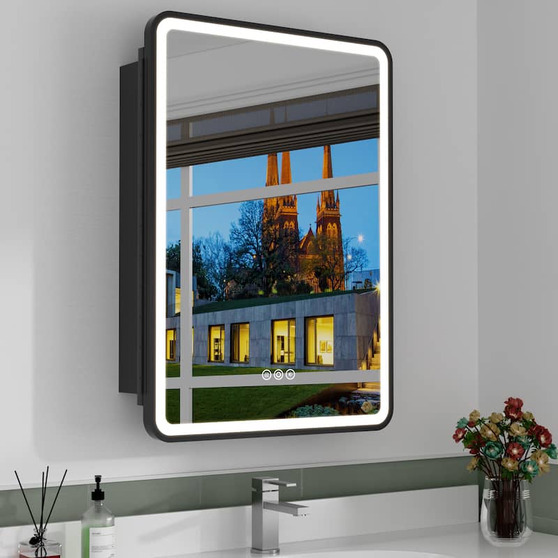 Milo LED Iron Medicine Cabinet with Mirror, Dimmable, Anti-fog, Adjustable Glass Shelves, Recessed or Surface Mount - 20"W x 28"H Right Hinge Black
