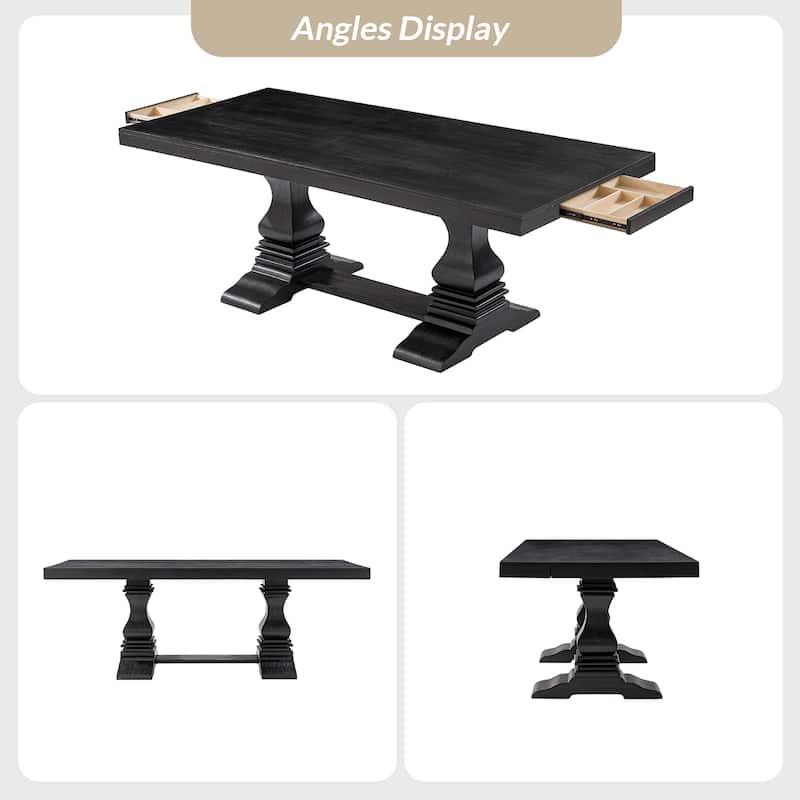 Pawel 86" Farmhouse Double Pedestal Dining Table with Two Built-in Divided Drawers by HULALA HOME