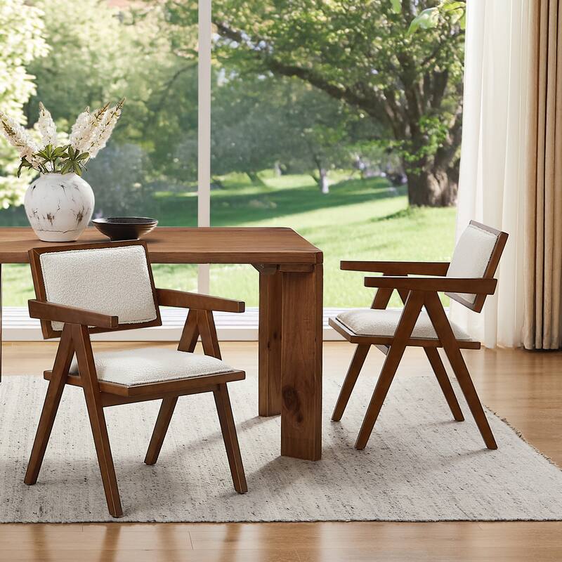 Art Leon Set of 2 Wood and Upholstered Accent Dining Chair with Wooden Armrest - Off White