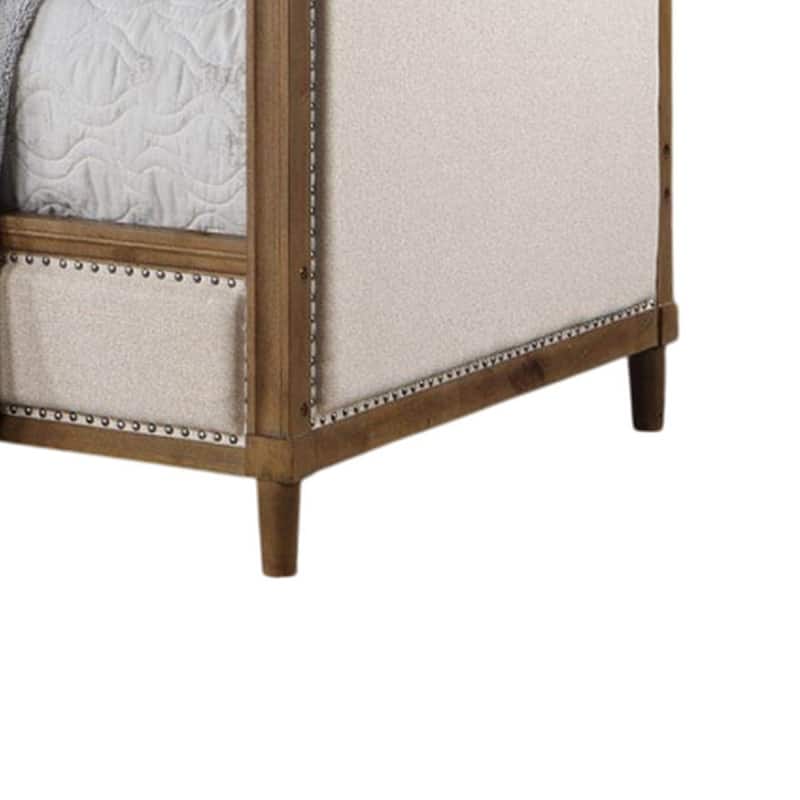 Kyra Twin Daybed with Nailhead Trim, Light Oak Pinewood, Beige Fabric