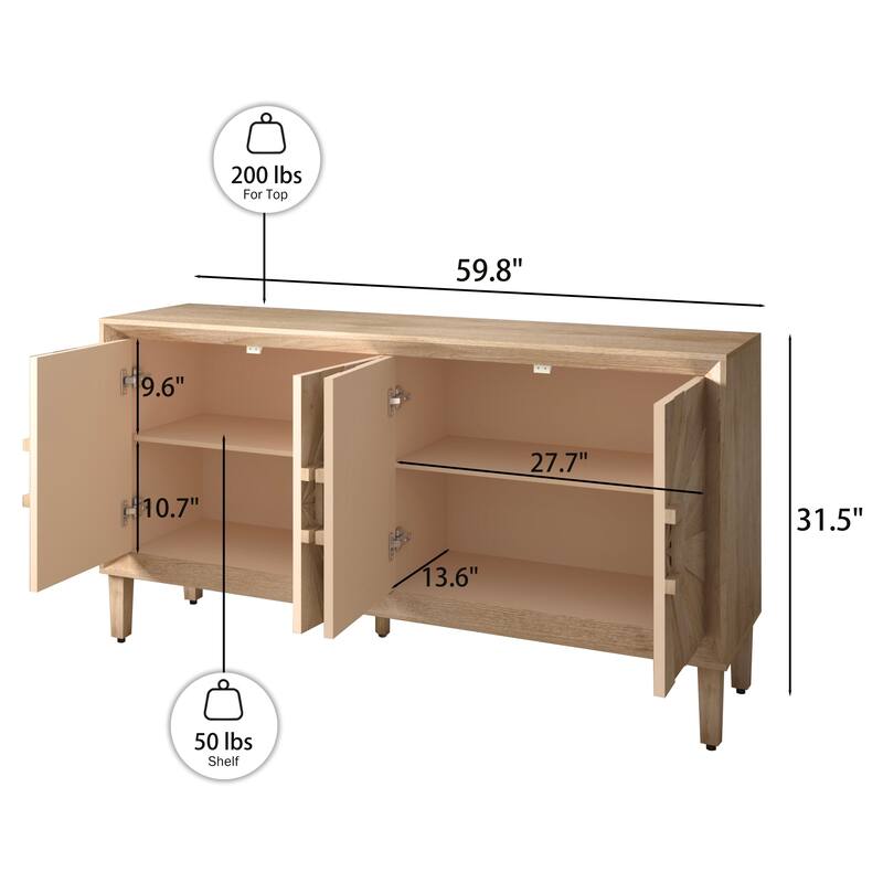 Roomfitters 60" Premium Farmhouse Credenza, Symmetrical Sunburst Door Design TV Stand with Adjustable Shelves