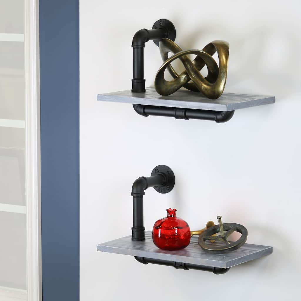 Paired Black Metal Pipe with Weathered Gray Stained Wood Wall Shelves