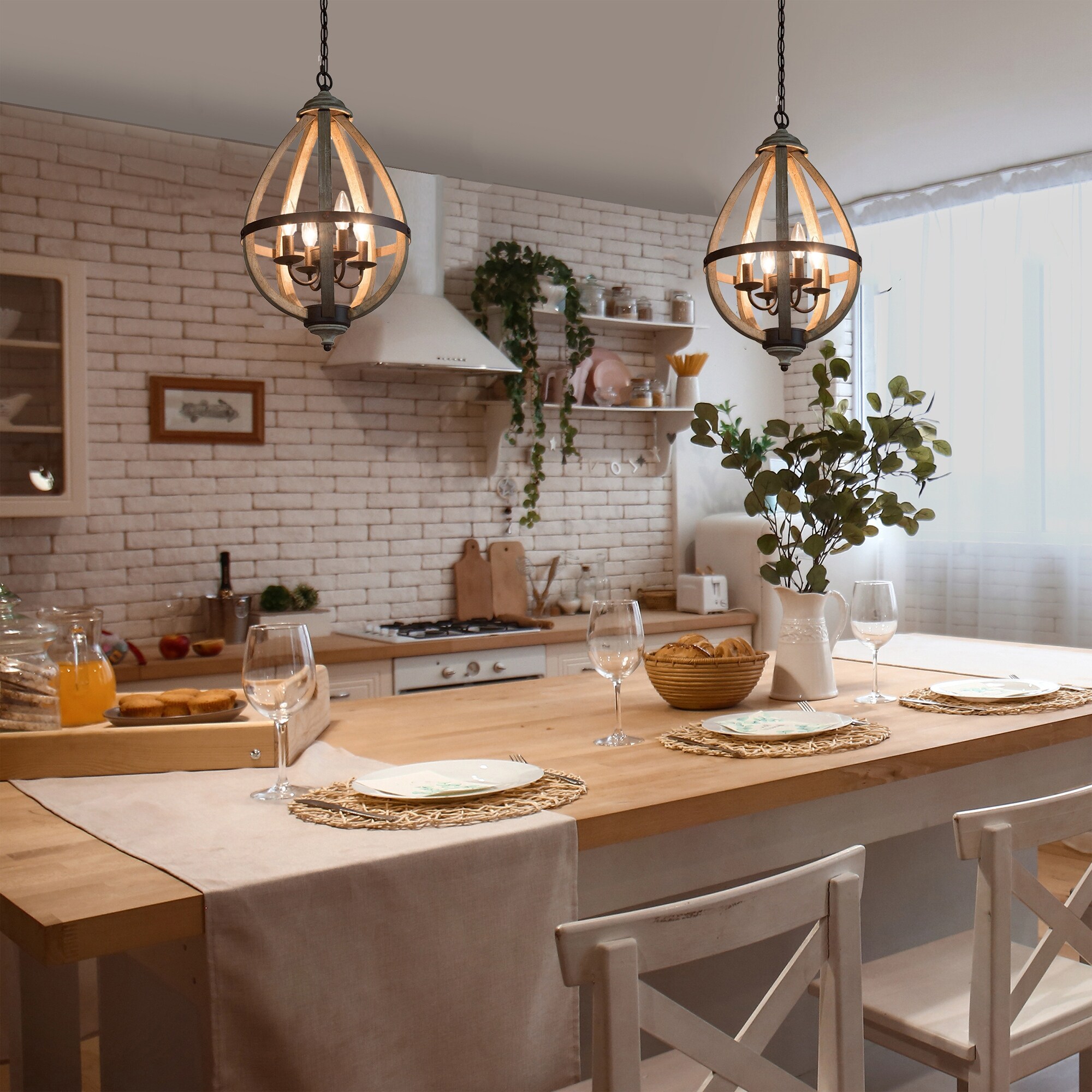 Clovy Farmhouse 4 Light Wood Lantern Chandelier For Kitchen Island With 