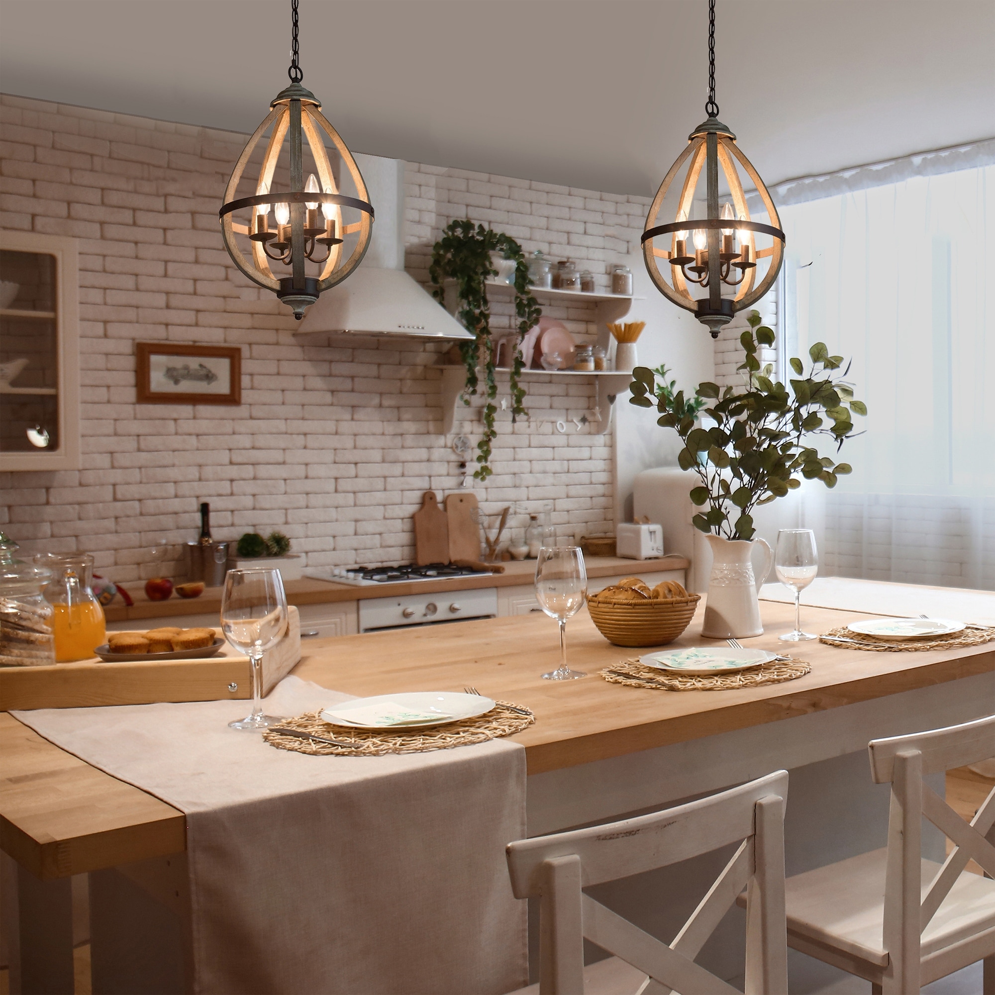 Farmhouse 4-Light Wood Lantern Chandelier Kitchen Island Pendant Light