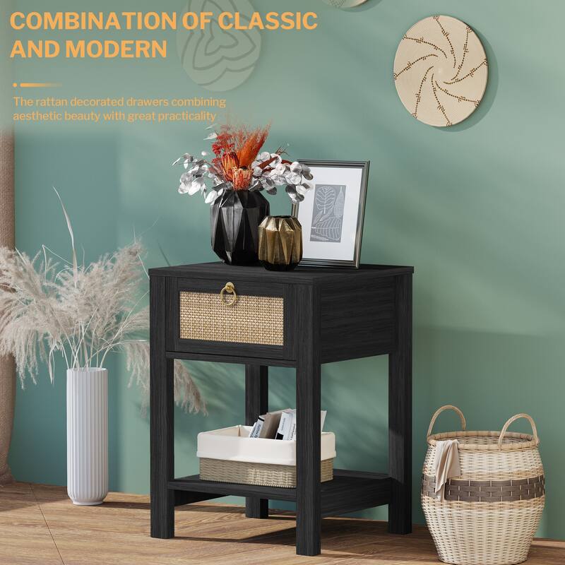 SICOTAS Farmhouse 1-Drawer Rattan Nightstand