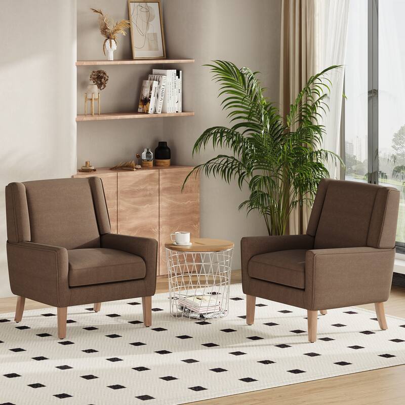 Mid-Century Linen Wing Chair - Tailored Channel Tufting & Walnut Tapered Legs, Compact Accent for Reading Nooks