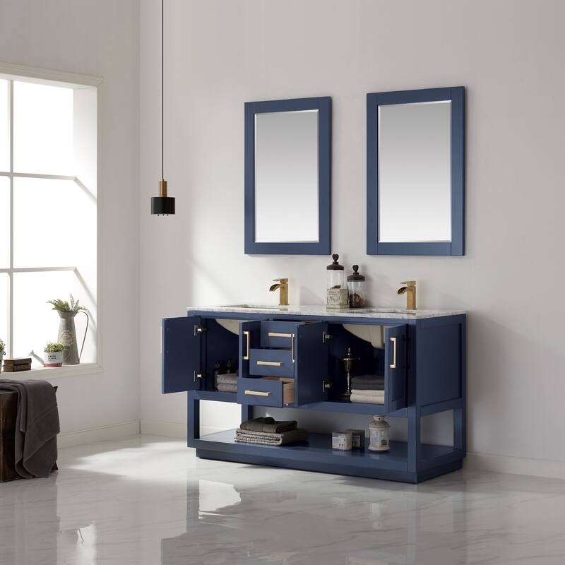 Altair Remi Double Bathroom Vanity Set and Carrara White Countertop with Mirror