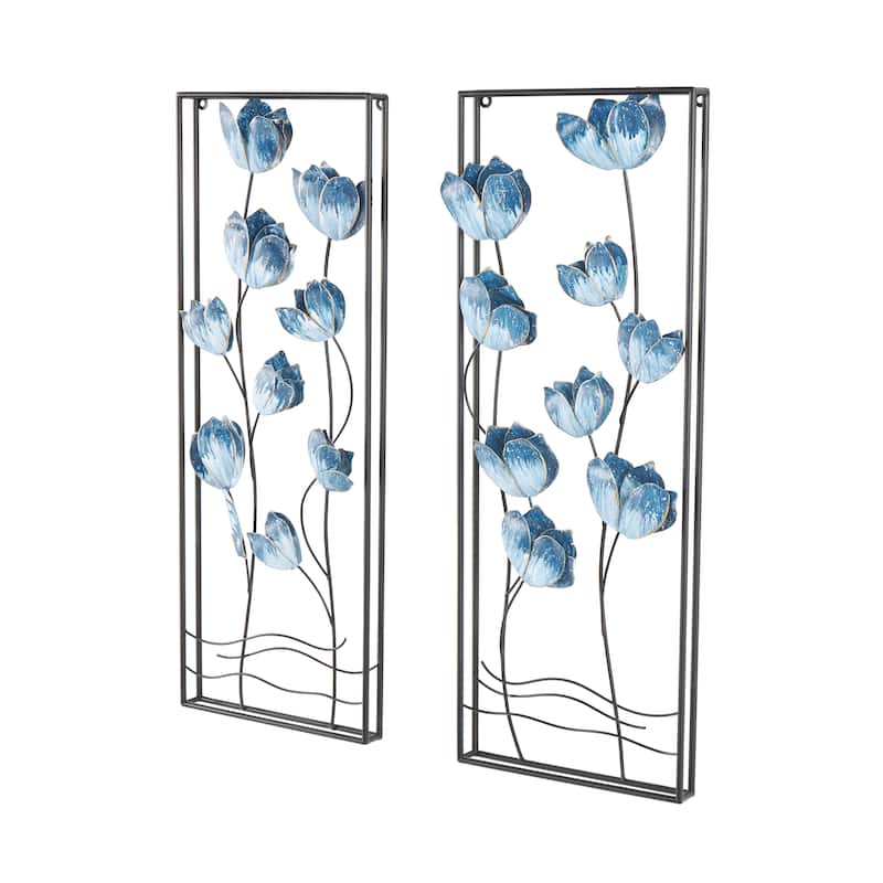 Blue Metal Floral Living Room Wall Decor with Black Metal Stems and Frame (Set of 2)