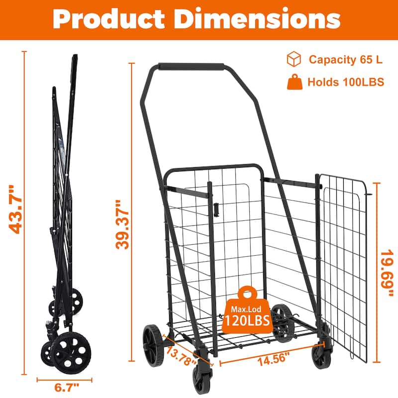 Foldable Shopping Cart with Open Door & 360 Rolling Swivel Wheels